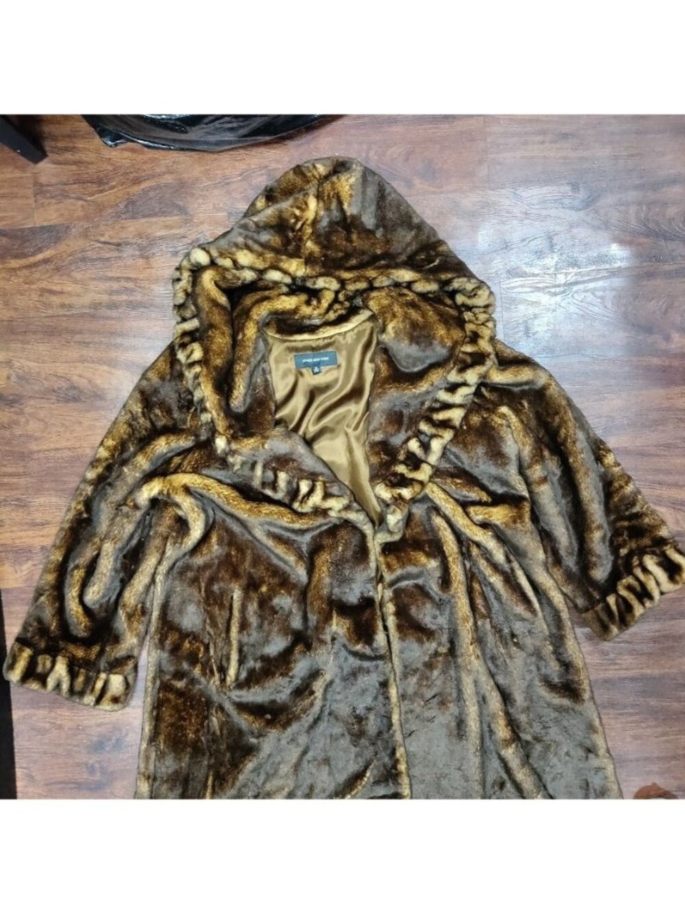Jones New York Lux Brown Faux Fur Coat Hook Closure Hooded Coat Women's Size 1X - Picture 8 of 16